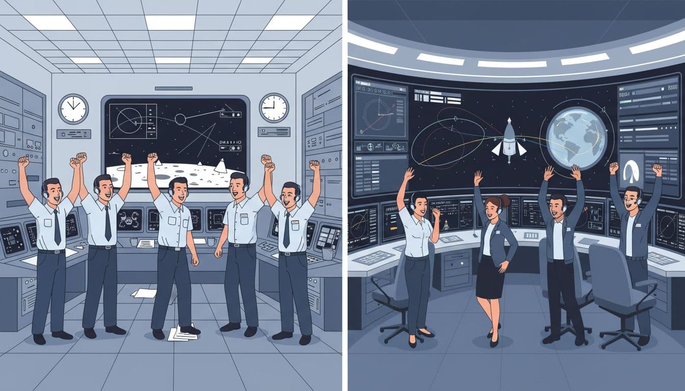 Split-image modern illustration comparing 1969 Apollo 11 mission control room left with cheering engineers to right modern Artemis II control room with similar excitement, consistent clean style blues grays palette six people per side.
