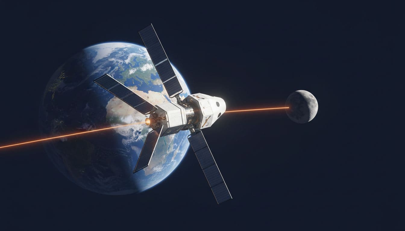 Dynamic illustration of Orion spacecraft soaring past Earth's curve toward the Moon during Artemis II mission, featuring deep blues, whites, oranges, high contrast lighting, and clean modern shapes.