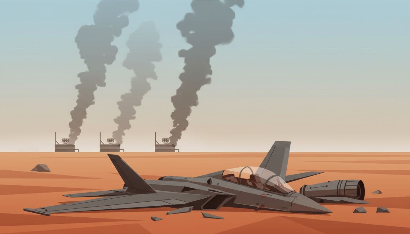 Debris from a downed fighter jet scatters across the Iranian desert, with smoke rising from distant destroyed radar installations under a clear sky in a modern illustration style.