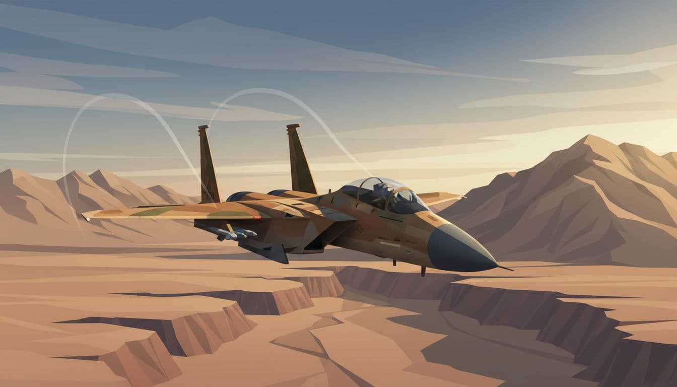 Modern illustration of F-15E Strike Eagle fighter jet soaring low over rugged Iranian desert and mountains in early morning light, dynamic low-angle emphasizing speed with contrails.