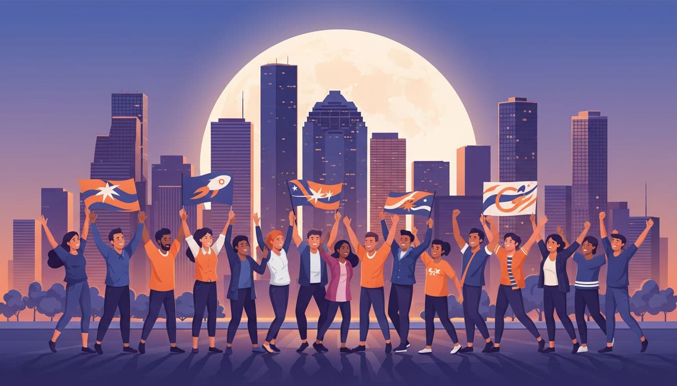 Houston downtown skyline at dusk with a large full moon rising behind skyscrapers and a diverse crowd of twenty people cheering with flags and signs for Artemis II in a celebratory atmosphere.