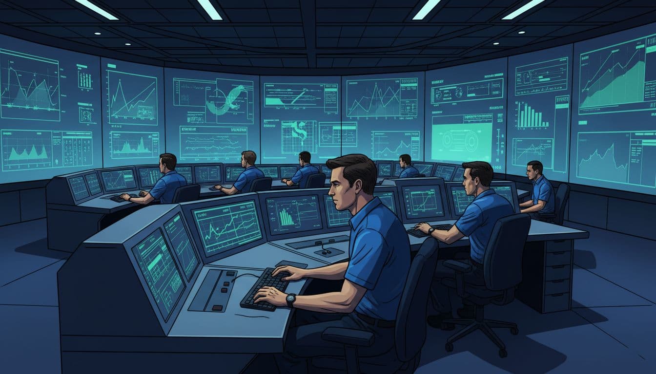 Interior of NASA Johnson Space Center mission control room in Houston during Artemis II, featuring rows of ten focused flight controllers at desks facing large screens monitoring abstract data graphs, wide-angle view capturing tension and teamwork in modern illustration style with blues, grays, and greens.
